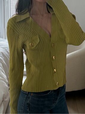 Sandro Olive-Green Ribbed Button-Down Cardigan